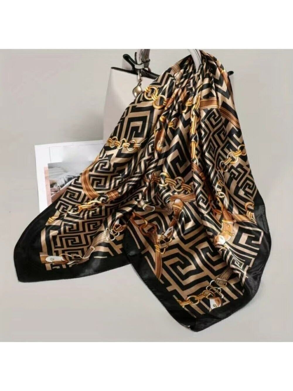 Scarf Silk Feel Black and Gold Satin Print 35 x 35 inches